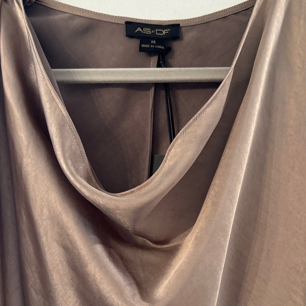 NWT AS by DF size XS Satin Tan Cowl Neck Blouse - Picture 7 of 11